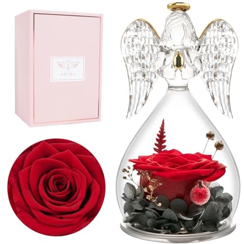 Miofula Preserved Flower Rose Birthday Gifts for Mom, Angel Figurines with Forever Real Rose Gifts for Her Mom Grandma, Unique Angels Gifts for Mothers Day Christmas Anniversary Birthday (Red) - Image 1