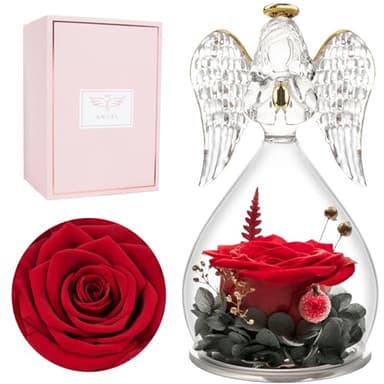 Miofula Preserved Flower Rose Birthday Gifts for Mom, Angel Figurines with Forever Real Rose Gifts for Her Mom Grandma, Unique Angels Gifts for Mothers Day Christmas Anniversary Birthday (Red) - Image 1