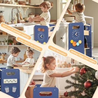 Toddler Tower 4-in-1 Multifunctional Kitchen Step Stool Helper with Removable Safety Board, Adjustable Heights, Slide, Highchair, Chalkboard, Montessori Games-Blue - Image 7
