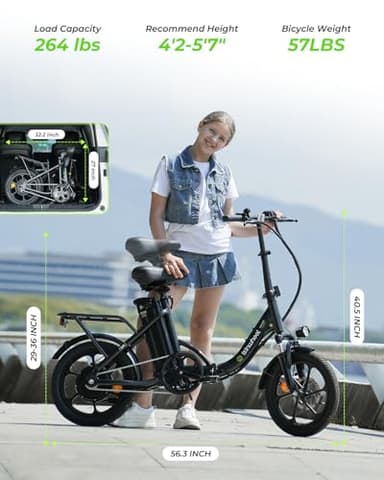 isinwheel U4 16" Folding Electric Bike for Adults, 750W Peak Motor with Max 55Miles PAS Range & 19MPH EBike, 374.4Wh Battery Electric Bicycles Step-Thru Commuter E Bikes for Adults and Teens - Image 7