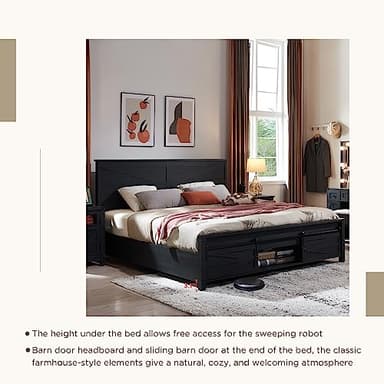 JXQTLINGMU Farmhouse Wood Bed Frame King Size with Sliding Barn Door Storage Cabinets and Headboard, Solid Wood Slats Support, Noiseless, No Box Spring Needed, Black - Image 6