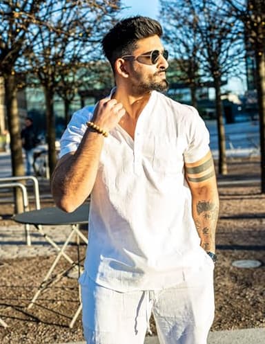 COOFANDY Men's Cotton Linen Henley Shirt Short Sleeve Hippie Casual Beach T-Shirts with Pocket - Image 3