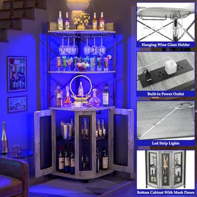 Aheaplus Corner Bar Cabinet with Power Outlet, Industrial Wine Cabinet with LED Strip and Glass Holder, 5-Tiers Liquor Cabinet Bar Unit for Home, Corner Display Cabinet for Small Space, White Oak - Image 4