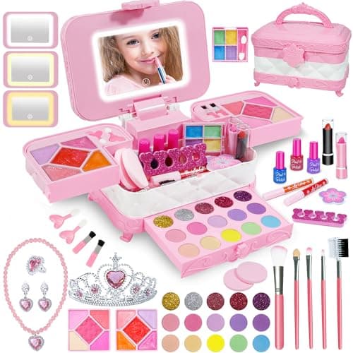 YasinKidz 60 in 1 Kids Makeup Kit, with 3-Color Led Makeup Mirror Real Washable Kids Makeup Sets for Girls 5-8, Perfect Girl Birthday Gift, Age 3+ - Image 1