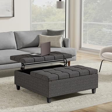 SIMPLIHOME Harrison 40 inch Wide Transitional Square Large Coffee Table Storage Ottoman in Ebony Polyester Tweed, Assembled, for The Living Room and Bedroom - Image 2