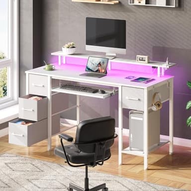 Seventable White Computer Desk with Drawers, Gaming Desk with Keyboard Tray, Office Desk with LED Lights & Power Outlets, 47 inch Writing Desk with Monitor Stand for Small Space - Image 6