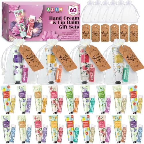 AZEN 60 Sets Bulk Gifts, Hand Cream and Lip Balm Bulk Set with Organza Bag Thank You Card, Baby Shower Wedding Gifts for Guests, Bridal Wedding Favors for Guests,Thank You Gifts for Women - Image 1