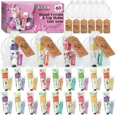 AZEN 60 Sets Bulk Gifts, Hand Cream and Lip Balm Bulk Set with Organza Bag Thank You Card, Baby Shower Wedding Gifts for Guests, Bridal Wedding Favors for Guests,Thank You Gifts for Women - Image 1