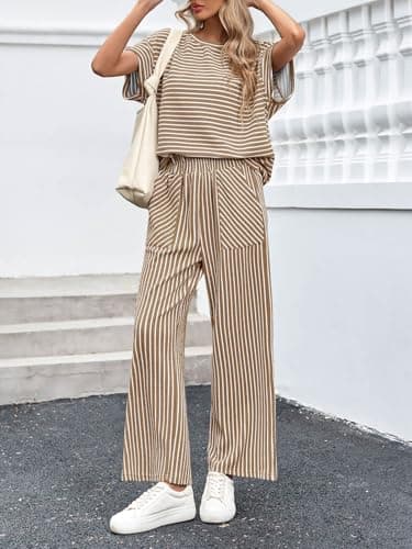 Tankaneo Womens Striped 2 Piece Sets Short Sleeve T Shirts Wide Leg Pants Matching Lounge Set with Pockets - Image 4