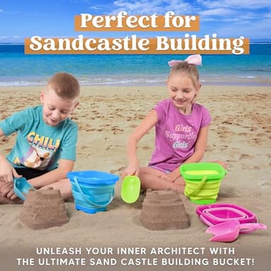 Sloosh 3 PCS Foldable Buckets with 3 Shovels, Square Sand Water Bucket Sandbox Party in Summer Collapsible Silicone Pail Bucket Toddler Kids Beach Camping Travelling Portable Toys (Blue/Pink/Green) - Image 2