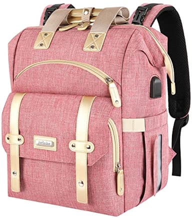 Jiefeike Diaper Bag Backpack, Pink Baby Girls Diaper Bag for Mom, Travel Baby Bags Backpack for Women, Insulated Pockets Portable toddler diaper bag with USB Charging Port, RFID Anti-Theft Pocket - Image 1