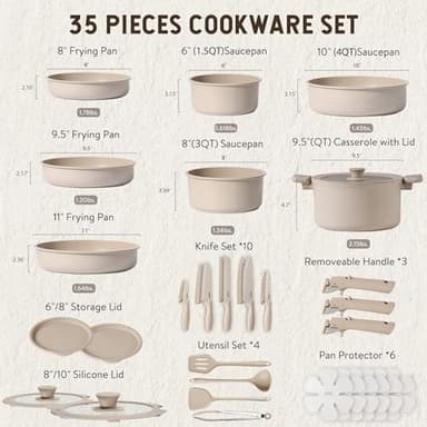 CAROTE 35pcs Pots and Pans Set Non Stick, Cookware Set, Removable Handle Pots and Pans Nonstick, RV Oven Safe Cookware, Induction Kitchen Cookware Set, Knife Set, Taupe - Image 2