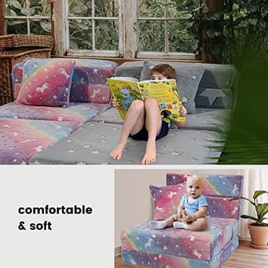 MeMoreCool Glow Rainbow Unicorn Tri-fold Sofa Bed for Kids, Foldable Futon Mattress, Chair, and Floor Couch for Playroom - Image 6