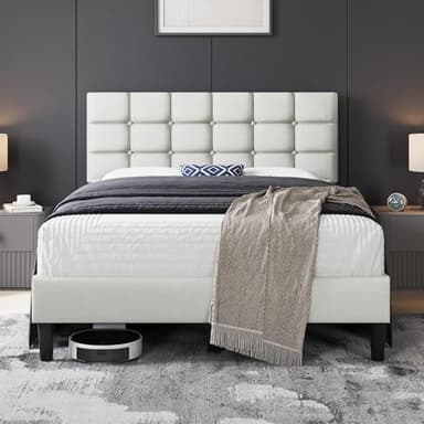 Yaheetech Upholstered Bed Frame, Modern Full Bed Platform with Square Stitched&Button Tufting Headboard Height Adjustable, Wooden Slats Support, No Box Spring Needed, Full Size, Beige - Image 1