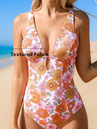 CUPSHE Women's One Piece Swimsuit Deep V Neck Keyhole Cutout O Ring Textured Floral Bathing Suit, XS - Image 2
