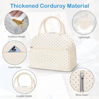 DALINDA Corduroy Lunch Bag Lunch Box for Women Men,Cute Insulated Lunch Bags,Water-Resistant Cute Cooler Lunch Tote Bag, Reusable LunchBox Large Capacity for Work Travel Picnic - Image 3