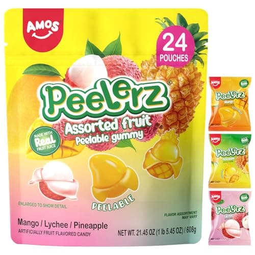 Amos Peelerz Assorted Peelable Gummy Variety Pack – Mango, Lychee & Pineapple | 24 Individually Wrapped Packs (608g) | Fun, Chewy, Shareable Treat - Image 1
