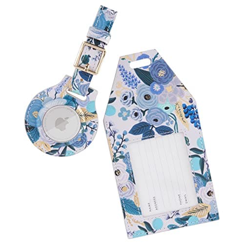 Rifle Paper Co. Luggage Tag, Holder for Apple AirTag - Travel Essentials Vegan Leather Luggage Name Tag w/ Metal Buckle, Unique Floral Print Luggage Tag w/ Airtag Case for Vacation - Garden Party Blue - Image 1