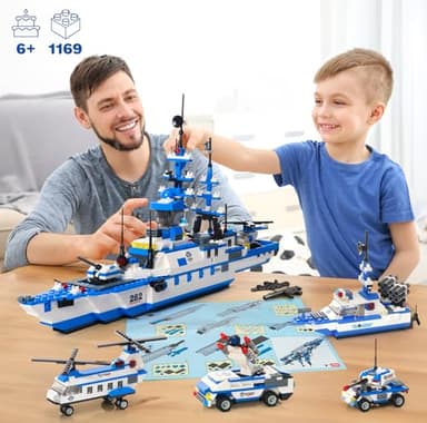 WishaLife 1169 Pieces City Police Station Building Kit, 6 in 1 Military Battleship Building Toy, with Police Cars, Boat, Airplane, Best STEM Construction Toy Gift for Boys and Girls 6-12 - Image 3