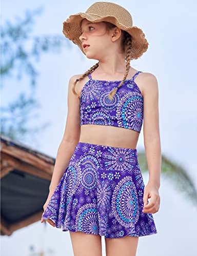 Arshiner Bathing Suits 3 Piece Girl Hawaiian Bathing Suit Tankini Skirt Set Kids Swimming Clothes Floral Swimsuits 14-15 Years Purple Bathing Suits for Teens 14-16 - Image 4