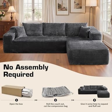 106" Cloud Sectional Couch with Chaise Lounge,L Shaped Modular Modern Sofa,Comfy Corduroy Fluffy Sofa with Deep Seat,No Assembly Required Couch for Living Room(Right,Plush Corduroy,Gray) - Image 3