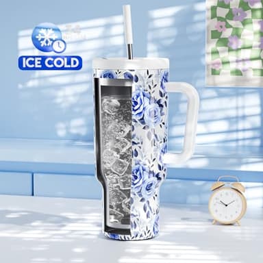 Meoky 40 oz Tumbler with Handle and Straw: Stainless Steel Insulated Tumbler with Lid and Straw - 100% Leak Proof Tumbler for Car Cup Holders - Travelers Commuters Workers, Blue Rose - Image 3
