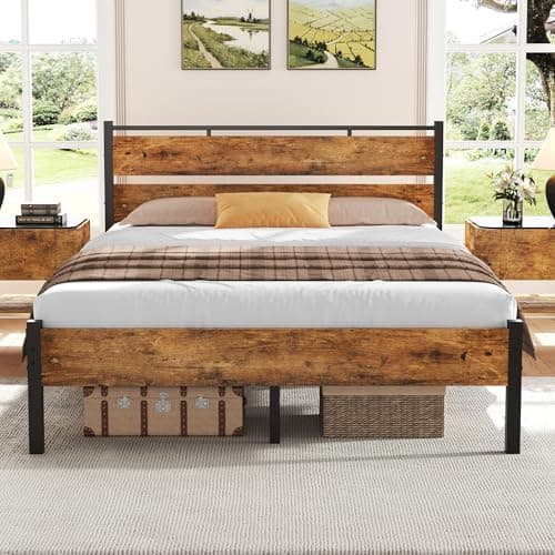BedsPick 14 Inch Queen Bed Frame Sturdy Metal Bed Frame Queen Size with Wooden Headboard and Footboard, Noiseless/12.4" Under Bed Space/Durable Support//No Box Spring Needed/Anti-Slip, Brown - Image 1