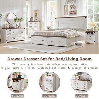 Farmhouse 6 Drawers Dresser for Bedroom, Wood Large Chest of Drawers with Thick Plank Styling, Rustic Closet Dresser for Bedroom or Living Room, Antique White - Image 3