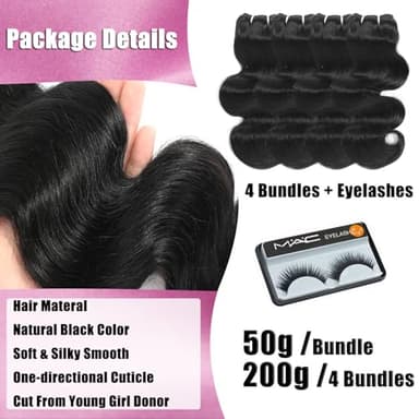 HVN-KVVM Body Wave Bundles Human Hair 12 Inch 12A Human Hair Bundles 100% Unprocessed Brazilian Virgin Hair Quick Weave Deals 4 Bundles Human Hair Natural Black Color (12/12/12/12, 4 Bundles) - Image 4