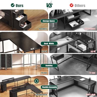 Korfile 59 inch L Shaped Computer Desk with Power Outlets, Home Office Desk with 4 Adjustable Storage Drawers & 2 Monitor Stands, Two Person Gaming Table for Bedroom, Black - Image 6