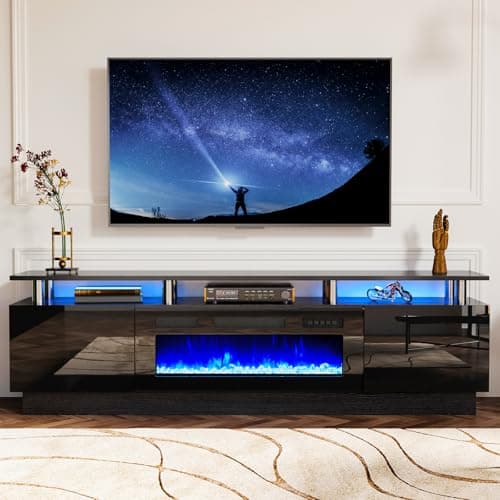 oneinmil 2 Tier TV Console Stand with 36" Electric Fireplace, LED Light Entertainment Center for TVs Up to 80" for The Living Room, 70", Black - Image 1
