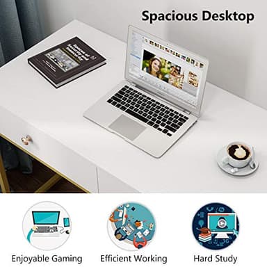Tribesigns Computer Desk, Modern Simple 47 inch Home Office Desk Study Table Writing Desk with 2 Storage Drawers, Makeup Vanity Console Table, White and Gold - Image 5