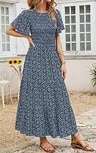 PRETTYGARDEN Women's Summer Casual Flutter Short Sleeve Boho Floral Maxi Dress Crew Neck Smocked Tiered Long Dresses (Navy,Large) - Image 6