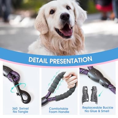 BAAPET 2/4/5/6 FT Dog Leash with Comfortable Padded Handle and Highly Reflective Threads for Small Medium and Large Dogs (5FT-1/2'', Black Purple) - Image 3