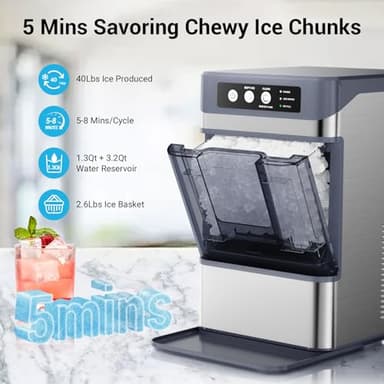 Nugget Ice Maker Countertop with 3.2Qt Water Tank, Ready in 5-8min, 40lbs Per Day, Soft Chewable Pellet Ice, Self-Cleaning Pebble Ice Maker Machine for Home/Party/RV/Camping - Image 2