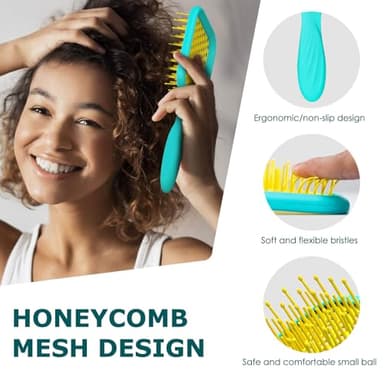 SHINLEA Vented Detangler Brush for Curly Thick Hair, Women Hairbrush with Soft Wave-Shaped Bristles, Curl Detangling Brush for Swimming Beach, Yellow and Blue - Image 2