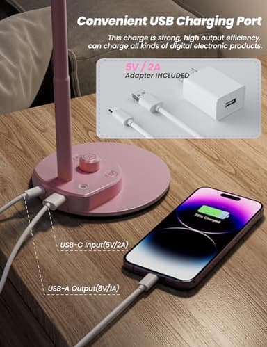 BOHON Cute Desk Lamp with USB Charging Port, Pink Lamp 3 Color Modes Dimmable LED Reading Lamp, Flexible Gooseneck Auto Dimming Table Task Light for Home Office Dorm Bedside, Pink - Image 4
