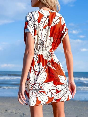 CUPSHE Women's Swimsuit Cover Up Dress Short Sleeve Beach Coverup Summer V Neck Dress White&Red Floral X-Large - Image 2