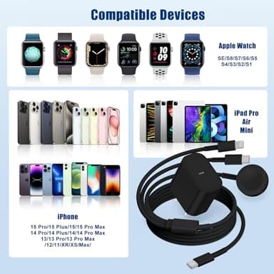 Susnwere 3 in1 USB C Magnetic Watch Charger,Magnetic iWatch Fast Charging Cable 6ft for iPhone 16/15/14/13/12 Pro/Max/XR/XS/XS Max and Apple Watch Series SE/8/7/6/5/4/3/2/1 38mm 40mm 42mm 44mm 45mm - Image 7
