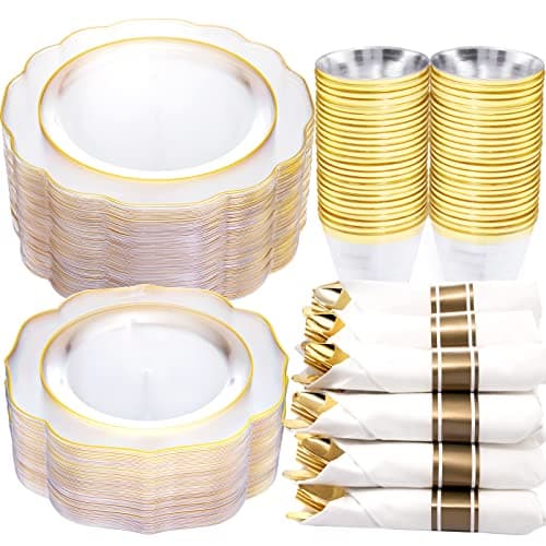 NOCCUR 50Guest Gold Rim Clear Plastic Plates&Disposable Silverware Cups-Include 100Plastic Plates, 150Gold Utensils, 50Cups and 50Napkins-Idea for Wedding&Party - Image 1