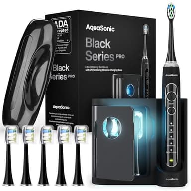 Aquasonic Black Series PRO UV – Ultra-Whitening Electric Toothbrush – 5 Modes & Smart Timers – UV Sanitizing Base, Premium Travel Case & 6 Proflex Brush Heads – ADA Accepted - Image 1