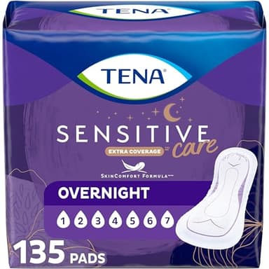 TENA Sensitive Care Incontinence Pads, Bladder Control, Postpartum for Women, Overnight Absorbency, Extra Coverage, 135 Count - Image 1