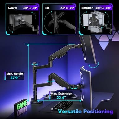 ARES WING Dual Monitor Arm Desk Mount for 17-49 Inch Ultrawide Monitors, Heavy Duty Dual Monitor Mount Holds 44 lbs, Full Motion Gas Spring Vertical Stacked Monitor Mount, 75/100 VESA Mount, Black - Image 4