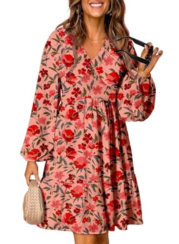 Dokotoo Women's Casual Dresses Long Sleeve V Neck Smocked Boho Floral Fall Dresses for Women 2025 Country Concert Ladies Elegant Beach Vacation Clothes Mini Dress Sundresses Plus Size Pink Large - Image 1