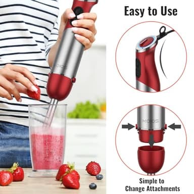 KOIOS 5-in-1 Hand Immersion Blender, 1000W 12 Speed Handheld Blender Stick with Copper Motor Stainless Steel Blade, 600ml Mixing Beaker,500ml Food Processor, Whisk, Milk Frother, Non-BPA, Red - Image 5