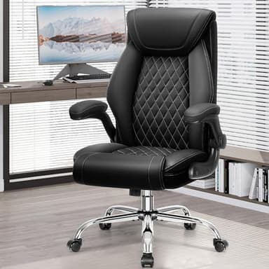 Office Chair, Ergonomic High Back Home Office Desk Chair, Big and Tall Breathable Leather Office Chair with Lumbar Support Flip-Up Armrests, Computer Chair with Rocking Function - Image 1