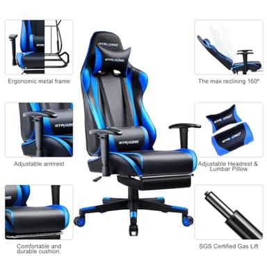 GTRACING Gaming Chair with Footrest, Ergonomic Computer Game Desk Chair, Reclining Game Chair Seat Height Adjustment, Swivel Rocker with Headrest and Lumbar (Blue) - Image 6