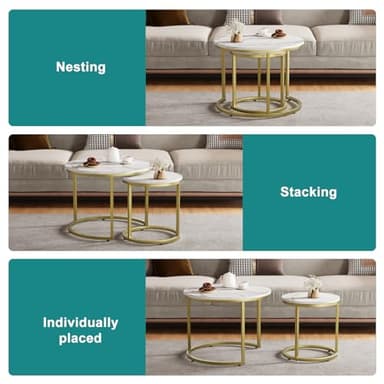 Smuxee White Nesting Coffee Table Set of 2, 23.6“ Round Coffee Table Wooden Marble Pattern with Adjustable Non-Slip Feet, Industrial End Table for Living Room Bedroom Balcony Gold - Image 5