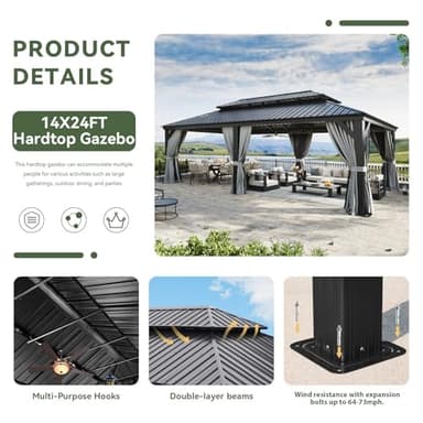 Aoxun 14' X 24' Hardtop Gazebo with Drainage System, Aluminum Outdoor Gazebo with Galvanized Steel Double Roof, Patio Permanent Metal Pavilion with Netting, for Garden, Deck, Grey - Image 5