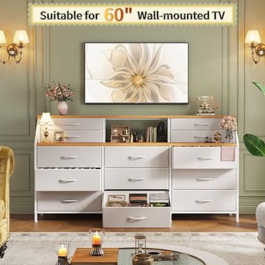 Romorgniz 55" W White Dresser for Bedroom with Deep Fabric Drawers, Long Chests of Drawers with 2 Open Wooden Shelves, Large Vanity Dressers for Entryway, Dorm, Sturdy Metal Frame, Wooden Top - Image 5